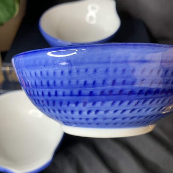 Set of 3 blue and white Pier 1 stoneware rice bowls / fruit bowls with handle - Picture 6 of 7